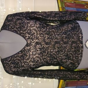 Vintage EXPRESS Black Stretch Lace w/ tan knit lining long sleeve top, size Larg